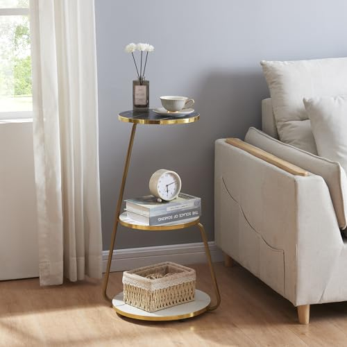 [en.casa] Table d'Appoint Design Bout de Canapé à 3 Niveaux de Rangement Panneau de Particules Métal 74 x 46 x 37 cm Marbre Blanc Noir Doré