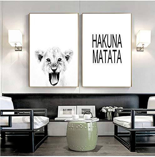 Yooyu Zitat Wandkunst, gerahmt, Baby-Löwe, Tier, Schwarz-Weiß, Fotografie, Hakuna Matata, Leinwand, Gemälde, Heimdekoration, 60 x 80 cm x 2 mit Rahmen