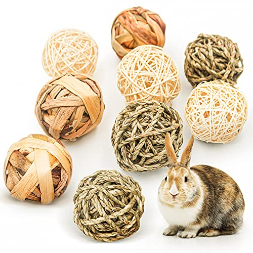 Reyshin 9 Pièces Jouets à Mâcher pour Petits Animaux,Balle en Rotin,Jeu D'activité Jouets,Boules d'herbe à Mâcher pour améliorer la santé Dentaire des Animaux de Compagnie pour Lapins Hamsters