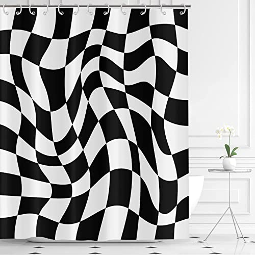 Hnmdmyi Duschvorhang Schwarz und Weiß Groovy Schachbrett 180x180, 70s Retro Modern Abstrakt Psychedelisch Groovy Wellig Ästhetisch Hippie Funky Wasserdicht Polyester Stoff Waschbar Badewanne Vorhang