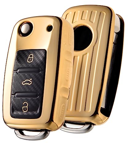 OATSBASF Autoschlüssel Hülle VW, VW Golf Schlüsselbox, Schlüsselhülle Cover für vw Polo Passat Skoda Seat 3-Tasten (Gold)