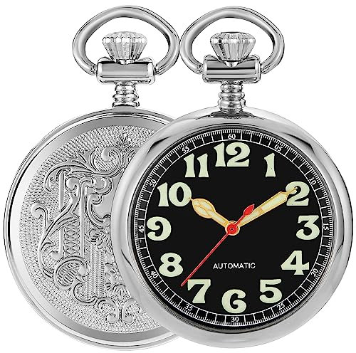 Tiong Stainless Steel No Cover Men's Mechanical Pocket Watch Luminous Dial Mechanical Pocket Watches Gift for Men with Chain(Silver)