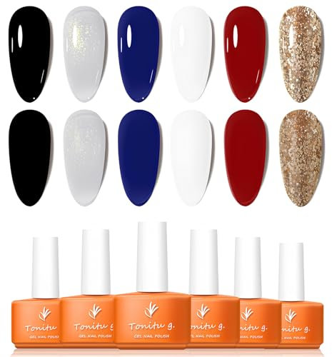 Tonitu G Gel Nail Polish Set 6 Colors Gel Polish Kit, Black White Royal Blue Red Gold Glitter Nail Art Design Soak Off LED at Manicure DIY Home Salon Gifts for Women Girls