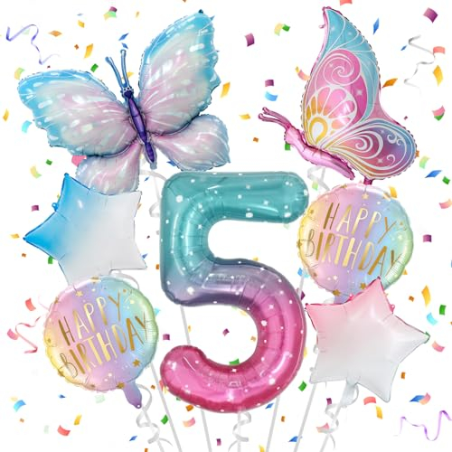 5 Jahre Schmetterling Geburtstag Deko, Schmetterling Folienballon 5 Jahre, Bunt Schmetterlinge Geburtstagsdeko, Geburtstagsdeko Rosa, für 5. Geburtstag Mädchen Deko