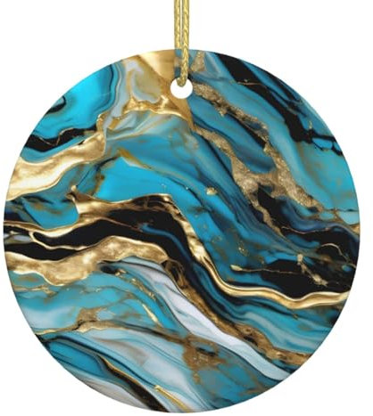Divertido adorno de cerámica de Navidad, adornos de Navidad, adornos de vacaciones, decoración del hogar del árbol de Navidad, mármol turquesa azul dorado