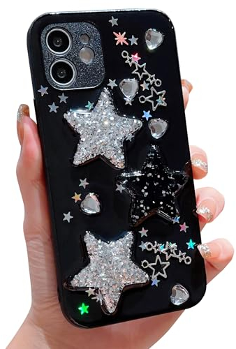HZLFCZL Compatible with iPhone 11 Case,cute kawaii cartoon glitter 3D star crystal heart pattern design lens protection sparkly phone case for iPhone 11 for women girl-Black