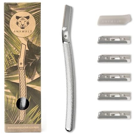 ANYMALE® Dermaplaning Rasierer mit 5 Wechselklingen | Augenbrauenrasierer aus Metall | Gesichtsrasierer Damen | Gesichtshaarentferner für Frauen | Klingenschutz inklusive | Silber
