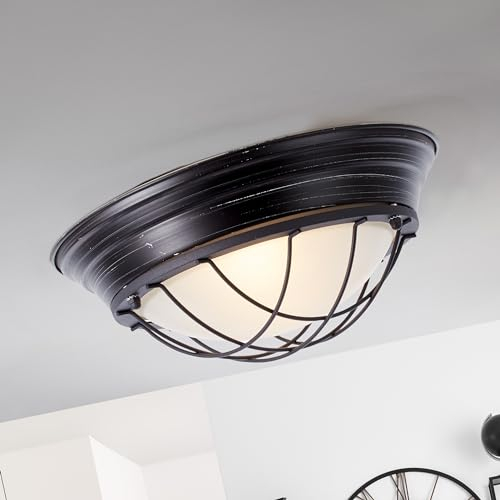 Lightbox Wand- & Deckenlampe mit Gitter & matter Glas Abdeckung im industriellen Design - antik-schwarze Deckenleuchte - 15 cm Höhe - Ø 34 cm - 2 x E27, max. 30 W - aus Metall/Glas