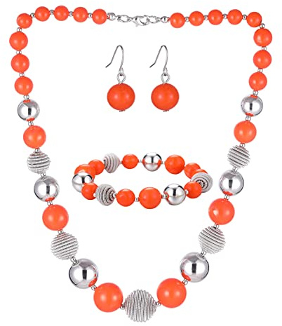 FULU AUTUMN 3 Pcs Parure de Bijoux Collier de Perles Grosses Bracelet et Boucles d'Oreilles Cadeau d'Anniversaire pour Femme