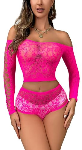 Buitifo Femme Ensemble de Lingerie Mesh Sexy Nuisette Babydoll Dentelle Bodys sous-Vêtement(Rose rouge50,Taille Unique)