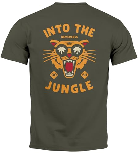Neverless® Herren T-Shirt Backprint Tiger Spruch Into The Jungle Palme Sommer Retro Design Fashion Streetstyle Army L