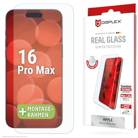 Schutzglas für iPhone 16 Pro Max (10H), kristallklar, mit Eco-Montagerahmen | DISPLEX Real Glass, 10H Panzerglas, Bruchschutz, extra-harte Kanten, kratzfest, Anti-Shock, kristallklar, hüllenfreundlich