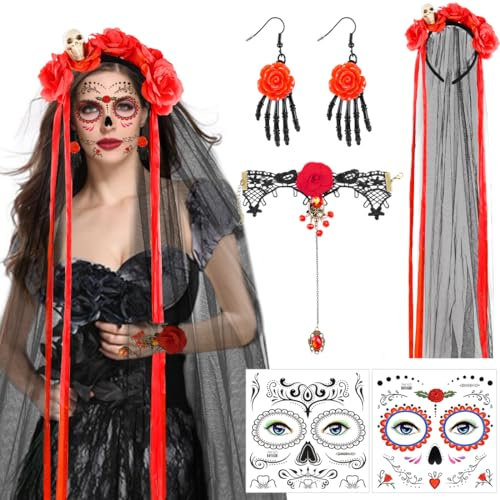 Halloween Kostüm Damen, Dia De Los Muertos Haarreif Schleier, Gesicht Tattoos, Tag Der Toten Kostüm, Gothic Halskette Choker Blumen Kronen für Karneval Fasching Maskerade