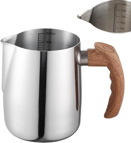 Milk Jug for Coffee Machine,304 Stainless Steel Milk Frothing Pitcher,Comfortable Wooden Handle,Steaming Jug for Barista Making Latte Art,Cappuccino,Espresso(900ml/30oz)