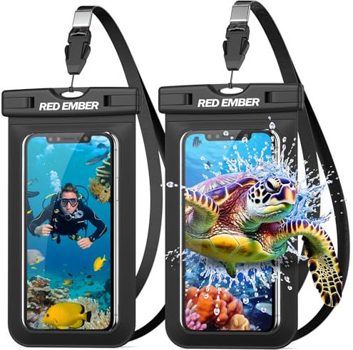 Red Ember Waterproof Phone Pouch Case | Underwater Universal 2 Pack IPX8 Water Proof Phone Case with Lanyards | for iPhone 11 12 13 14 15 Pro & Samsung S22 S23 S24 Black