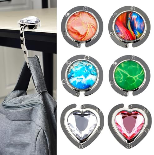 LIUCONGBD Set of 6 Handbag Hooks for Table, Foldable Round Heart Handbag Hanger Bag Holder, Folding Purse Hook Section Storage for Women Girl Gift Office Restaurant Desk