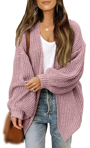 Cardigan oversize da donna, aperto sul davanti, maniche lunghe a lanterna, cardigan oversize grosso con tasca, rosa, M