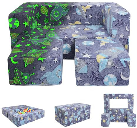 Kindersofa Spielsofa für Kinder im Dunkeln Leuchtend, 3-in-1 Kindersessel Ausklappbar mit Schlaffunktion und Stauraum, Kindercouch Modulare Sofa für Kinderzimmer Spielzimmer Geburtstag Planet Rakete