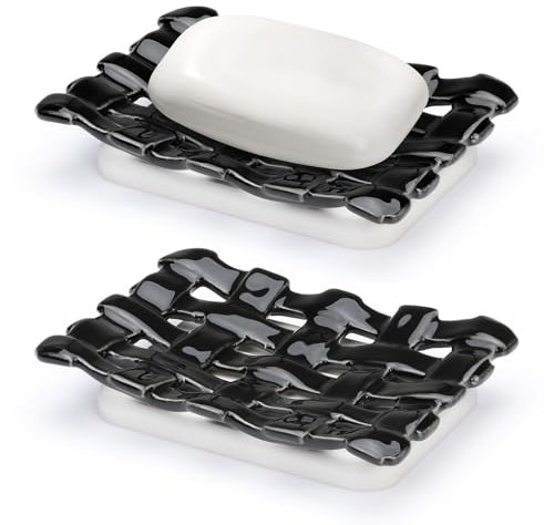 Shinowa Self Draining Soap Dish, Dual Layer Soap Container, Woven Ceramic Soap Tray + Diatomaceous Earth Base, Dish Soap Holder for Kitchen, Bathroom, Shower, Quickly Drain Water, Easy to Clean