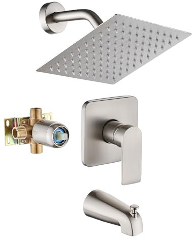 Badewannen-Duscharmatur-Set aus gebürstetem Nickel, komplett mit 20,3 cm Regenduschkopf und Wannenauslauf inklusive Duschventil, Wannendusche, Verkleidungsset, gebürstetes Nickel