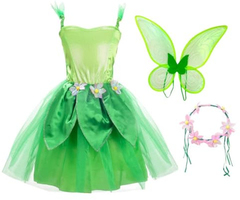 Lito Angels Märchenfee Kostüm Grüne Fee Kleid mit Blumen Stirnband Blumenkranz Haare für Kinder (M, L, XL)
