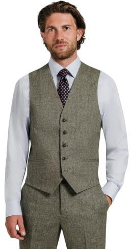 Dobell Mens Sage Green Herringbone Tweed Waistcoat Regular Fit Wool Blend