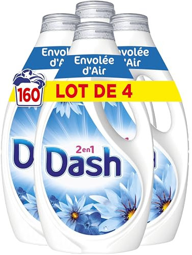 Dash 2en1 Lessive Liquide, 160 Lavages (4 x 40 Lavages), Envolée d’Air, avec 3 SEMAINES DE FRAÎCHEUR* et Lenor, Fabriquée En France, Dash 2in1