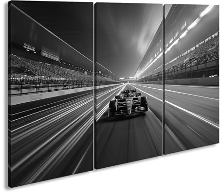 Mare di luci di notte – F1 la gara inizia in un'eleganza infuocata. Formato: 120 x 80 cm (3 pezzi) effetto: bianco e nero XXL stampa artistica su telaio in legno / tela / murale / decorazione