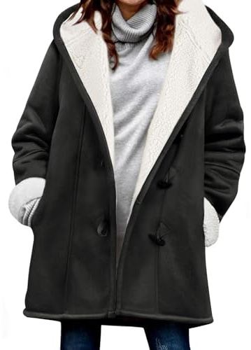 Yuson Girl Winterjacke Damen Lang Wintermantel Wildleder Fleecejacke Lose Winterparka Winter Warm Cardigan Outwear Einfarbig Kapuzenjacke mit Kapuze und Seitentaschen