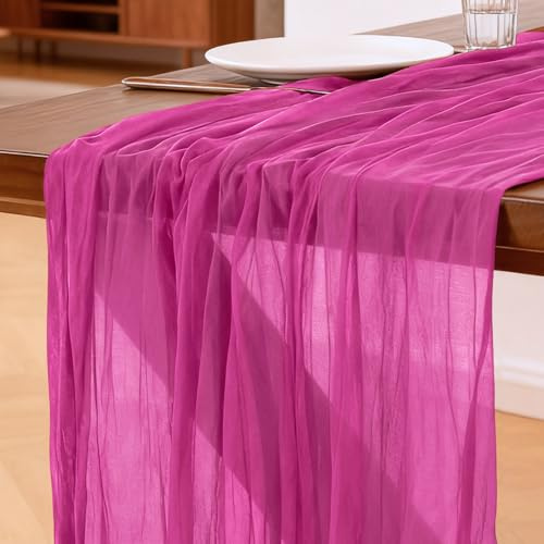 Chemin de Table Rose Fuchsia, 300 x 90 cm Style Bohème Table de Cuisine en Gaze pour Les Mariages, Anniversaires, Fêtes Prénatales, Enterrements de Jeune Décorations de Banquets