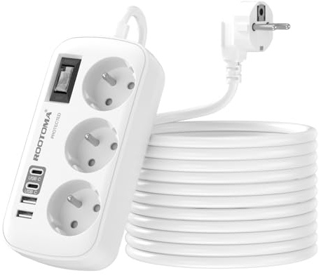 Rallonge Electrique 5M avec 4 USB (2 USB-C), Multiprise 3 Prises | Avec Interrupteur Anti-Surcharge, Parafoudre et Fixation Murale pour la maison et le bureau, 16A 250V