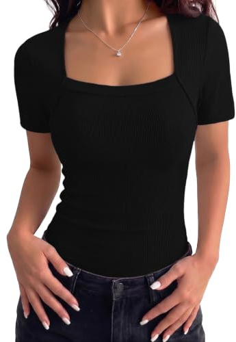 Aottori Womens Short Sleeve Top Square Neck Soft Ribbed Fitted Summer Tunic | Stretch Fabric Knit Finish Base Layer Design for Summer Casual Wear Short Sleeve Design Soft Feel Ribbed Texture Plain Finish