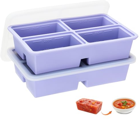 2 Pack Extra Large Soup Containers for Freezing, Silicone Cube Soup Freezer Mould with Lid, Meal Prep Soup Storage Containers, Large Ice Cube Tray for Sauce, 4-Compartment Freezer Container,Purple