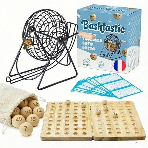 Bashtastic Bingo Juego de Mesa Adulto - Bingo con 102 Cartones Bingo Troquelados para Toda la Familia | 90 Bolas y Tablero de Madera con números Grabados en Laser y Bombo Metálico.