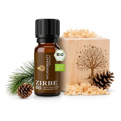 Zirbenöl Bio mit Diffuser aus Zirbenholz und Zirbenspänen – Natürlicher Raumduft Zirbe – Zirbenholzwürfel – als Holz Geschenk geeignet – Hochwertiges Zirbenholz Produkt (Baum des Lebens)