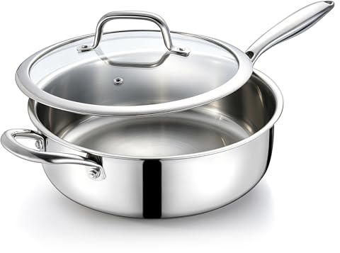 HaWare Saute Pan with Lid, Uncoated Induction Deep Frying Cooking Pan, 26cm | Tir-Ply Stainless Steel, Healthy, Compatibility for All Stovetops, Ergonomic Stay-Cool Handle, Dishwasher/Oven Safe