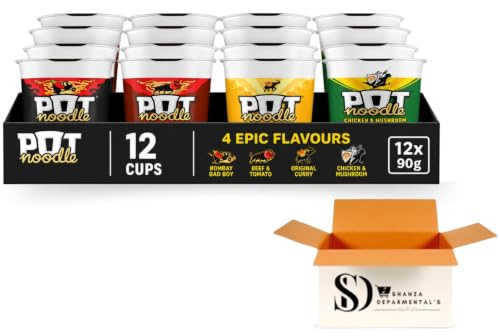 Pot Noodle Instant Noodles 90g Variety Pack (Pack of 12) – Ultimate Selection Box Bundle with 3 xBombay Bad Boy, 3 x Beef & Tomato, 3xOriginal Curry, 3x Chicken & Mushroom King-Style Quick Snacks