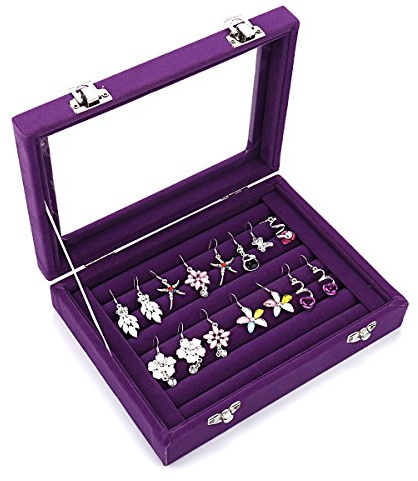 Ivosmart Velvet Glass Ring Jewelery Display Storage Box Tray Case Holder Earring Organizer Stand (Purple)