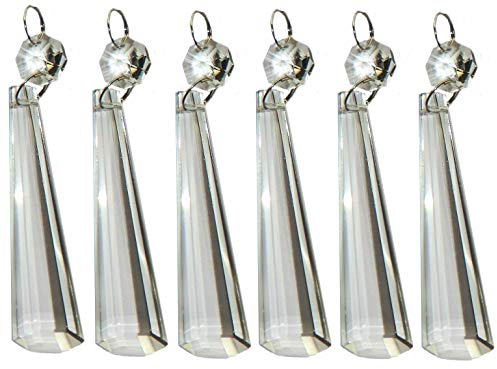 6 Clear Chandelier Drops Droplets Cut Glass Crystals Beads Christmas Tree Vintage Wedding Decorations Prisms Antique Look Light Spare Parts Crafts (72mm Slanted End Icicle)