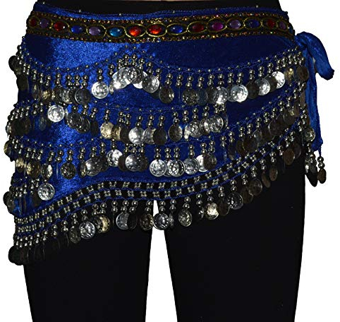 Tanzbekleidung & Accessories Bauchtanz Münzgürtel Samt Hüfttuch Belly Dance Bauchtanzgürtel Karneval Münzen (Blau mit silbernen Münzen)