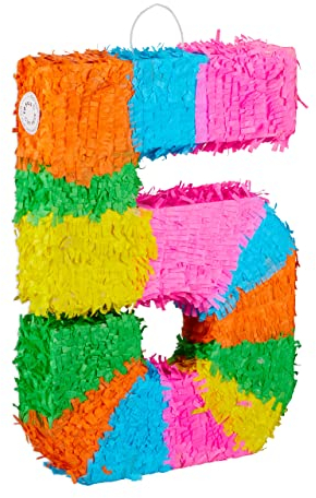 Relaxdays 3 TLG. Pinata Set Geburtstag, Zahl 5, Pinatastab mit Augenmaske, Kinder & Erwachsene, Piñata zum selbst Befüllen, bunt