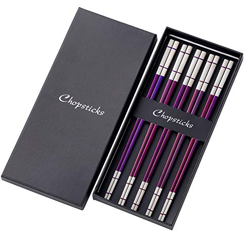 SBOMHS Bacchette cinesi viola in acciaio inox, 5 paia di bastoncini per sushi giapponese, coreano, chopsticks, metallo, lunghezza 23,4 cm, antiscivolo, lavabili in lavastoviglie, regalo di