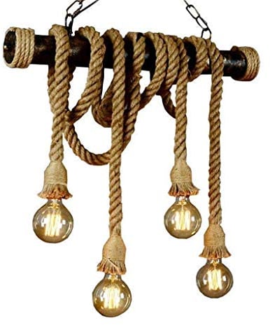 Hanfseil Pendelleuchte Retro Vintage Seilleuchte Seil Lichter Kronleuchter Runde Hängend Hängelampe, Höhenverstellbar E27 Industrial Hängelampe, Handgewebt Deckenlampe (4-Flammig) [Energieklasse A++]