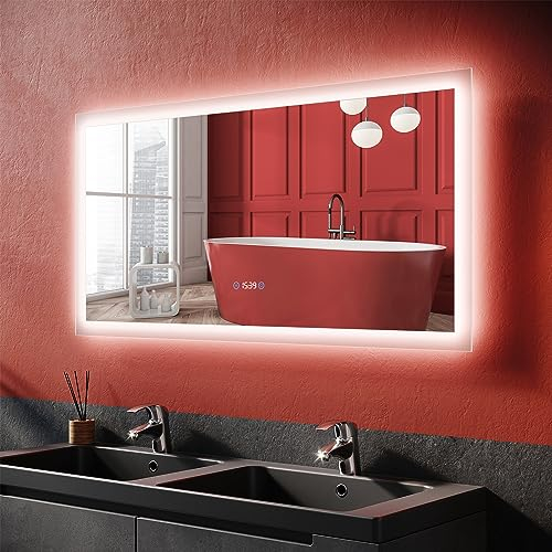 SONNI Badspiegel mit Beleuchtung 120x60cm, 3 einstellbare Lichtfarbe LED Wandspiegel Badezimmerspiegel mit Touch Schalter und Beschlagfrei, Wandspiegel Dimmbar, Uhr Temperaturanzeige