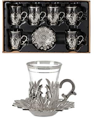 Set di bicchieri da tè e piattini turchi nostalgico per 6 persone, set da tè turco, set da 12 bicchieri da tè in stile vintage, set di tazze da tè, colore: argento
