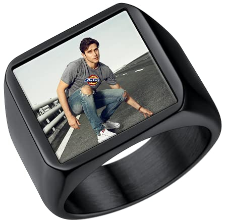 U7 Fotoring Personalsierter Bild Siegelring Herren Edelstahl Ringe Männer Benutzerdefinierter Schwarz Quadrat Ring mit Farbbild/Schwarzes Bild Damen Herren Souvenir Andenken Modeschmuck für Ehemann