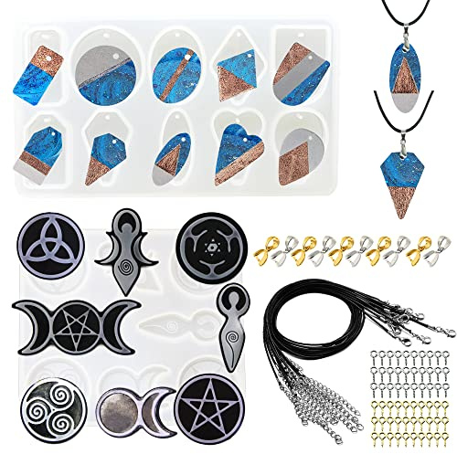 Allazone Gießform Resin Form, 2 Pack Geometrischer Anhänger Giessharz Formen Sonne Mond Stern Schmuck Silikonform mit Schwarzem Wachsseil, Anhängerschnalle für Die Schmuckherstellung