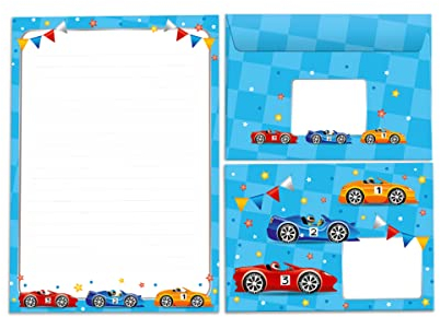 Briefpapier-Set Briefblock mit Umschlag für Kinder Rennauto Auto für Jungen Jungs (Block A5 mit 25 Blätter + 15 Umschläge)