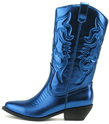 Soda Reno Westernstiefel für Damen, Cowboystiefel, spitzer Zehenbereich, kniehoch, zum Hineinschlüpfen, Blau-Metallic-PU, 6.5