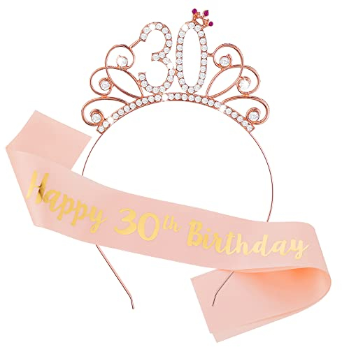 Abeillo 30 Geburtstag Krone und Schärpe, 30. Geburtstag Geschenk, Kristall Geburtstags Tiara und Schärpe zum 30. Geburtstag für Prinzessin Party Dame Geburtstagsfeier und Deko (30-Rosa-Stil B)